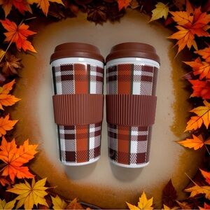 Autumn drink cups Fall Plaid Tumblers set of 2 reusable insulated sleeve grip